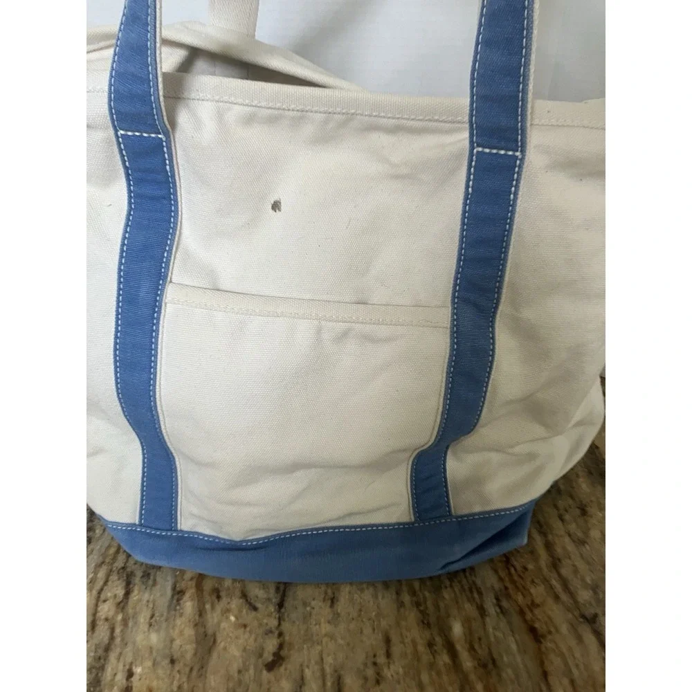 Vintage Lands End Tote 90s Blue White Canvas Large 5 Pocket Double Handle